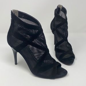 GUESS BLACK MESH PEEPTOE HEELED ANKLE BOOTS